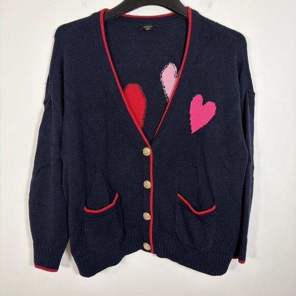 Talbots Plus Petite XL Tipped Heart V-Neck Navy Cardigan Pink Heart Valentines - Picture 9 of 11